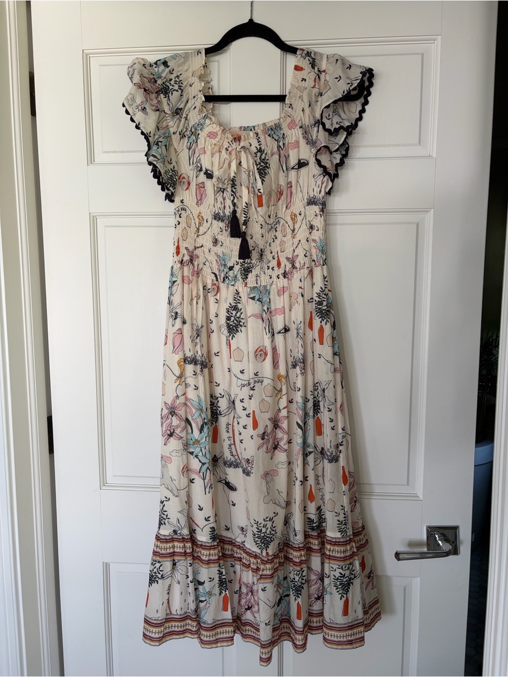 Tory Burch Bohemian Floral Tiered Midi Dress in Cream with Multicolor Print
